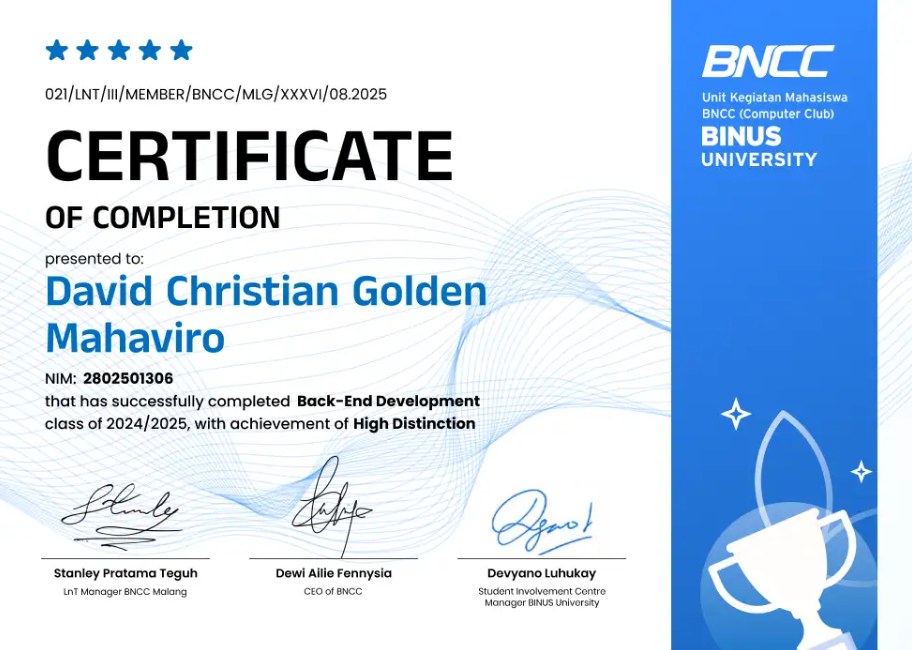 LnT Back-End Development certificate